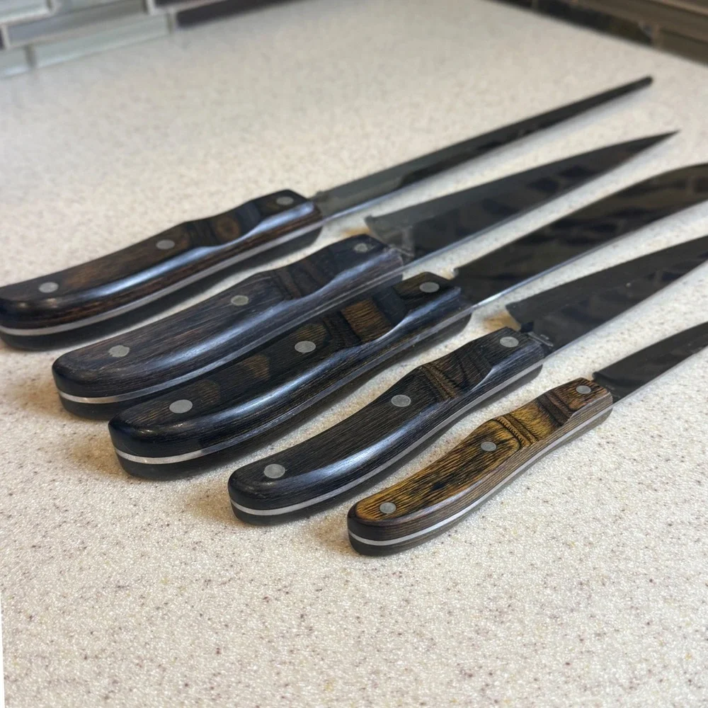 Vintage 1960s Ekco Arrowhead Knife Set 5 Piece Wood Handle USA Maple Wall Holder